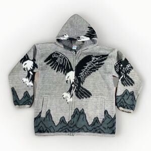 Yari Artesanias 100% Wool Flying Eagle Full Zip Up Hooded Knit Jacket Men’s L
